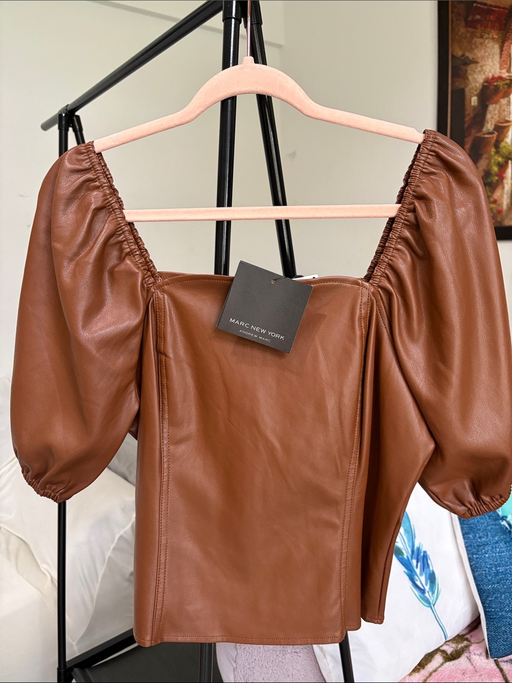 Marc New York Chestnut Brown Puff-Sleeve Faux Leather Dress